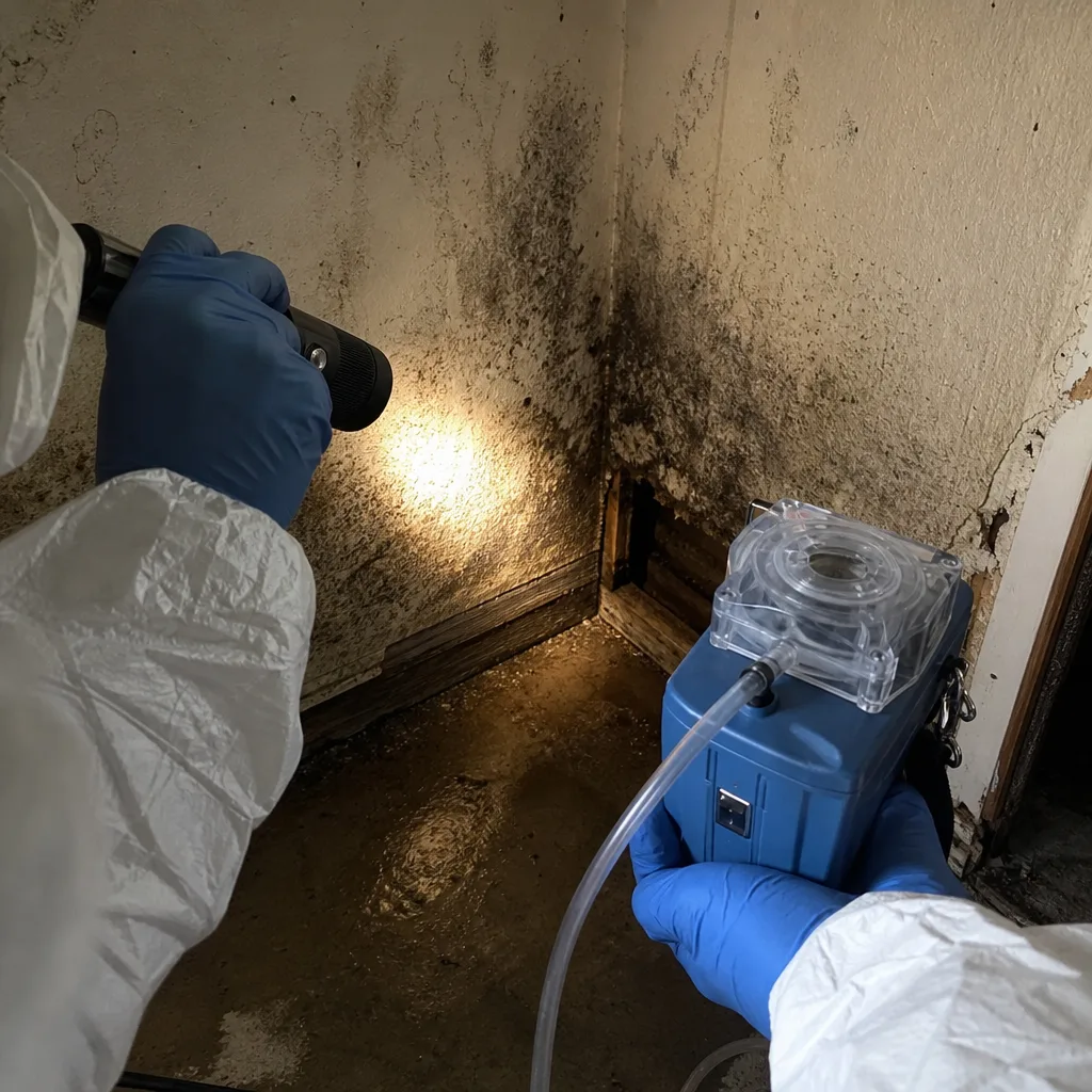 Professional mold inspector performing air quality testing and remediation assessment