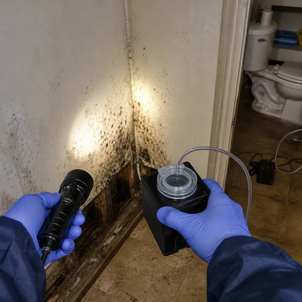 Professional performing mold inspection and air quality testing in a home.