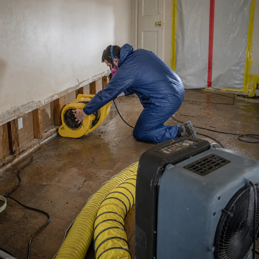 Technician using professional drying equipment for water and storm damage restoration