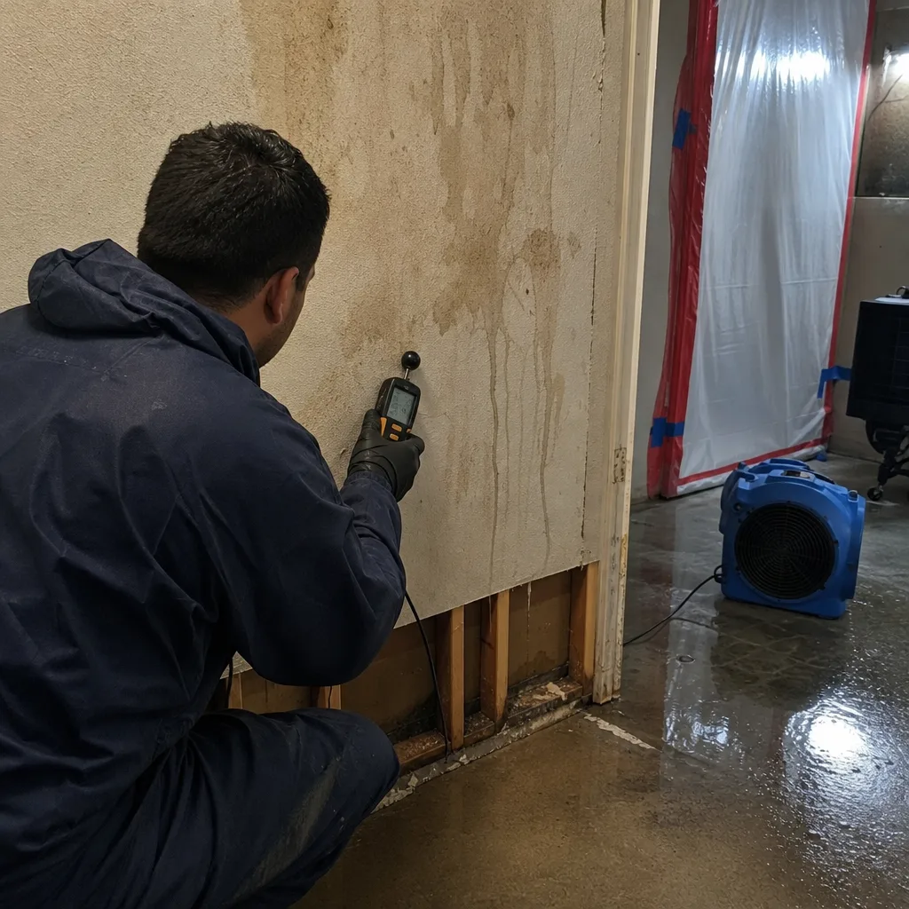 Technician using moisture meter during professional storm damage restoration process