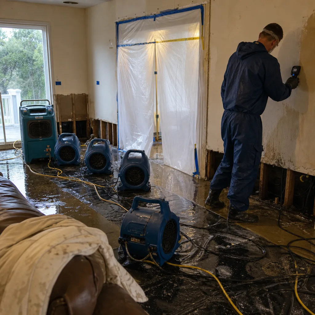 Professional technician inspecting wall moisture during storm damage restoration services.